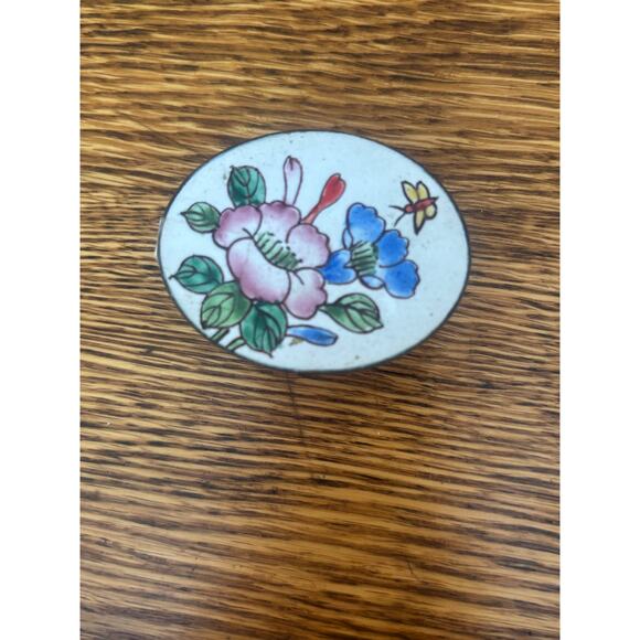 Vintage Cloisonne Brass and Floral Enamel Pill/Trinket Box Blue Enamel Interior - Picture 3 of 6